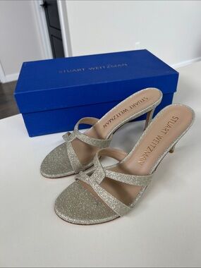 Stuart Weitzman soiree sleek 75 open toe open back sandals heels fine glitter